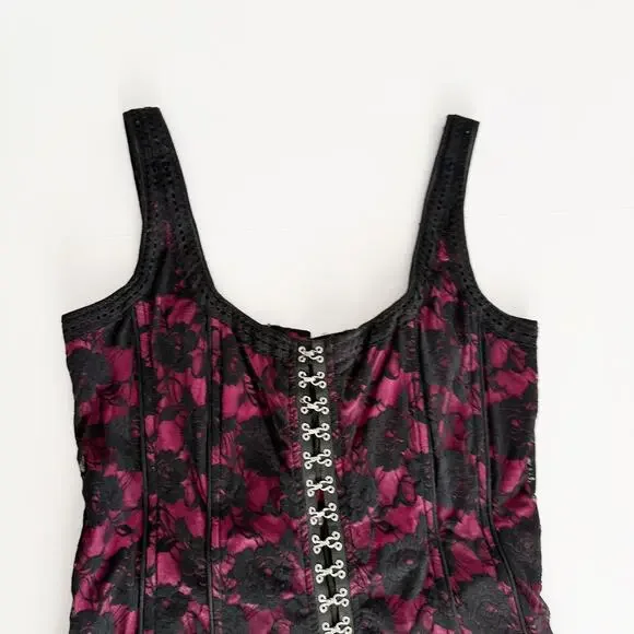 [Tripp NYC] Black Pink Y2K Floral Print Lace Hook & Eye Corset Top Size Large L - Picture 3 of 12